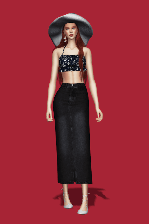 Галерея мода Сет одежды Ruffle Top · Denim Long Skirt · Hat #1